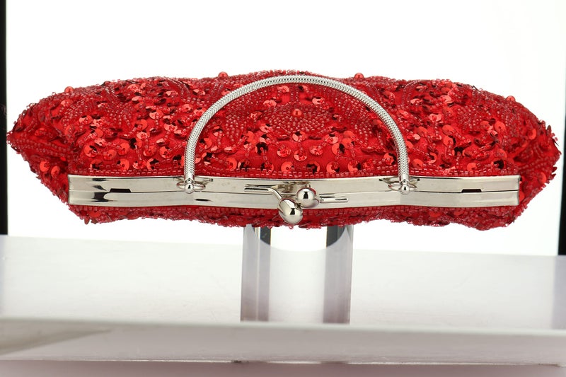 Simcat SSMY Beaded Sequin Design Flower Evening Purse Large Clutch Bag (red) - Image 5